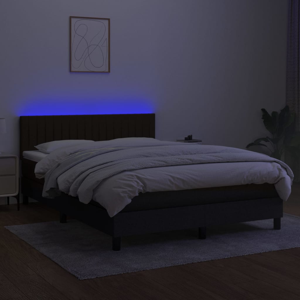 Cama box spring c/ colchão e LED 140x190 cm tecido preto