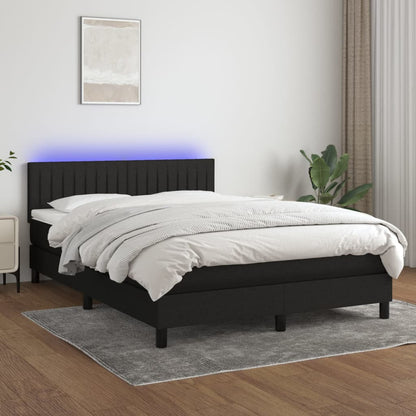 Cama box spring c/ colchão e LED 140x190 cm tecido preto