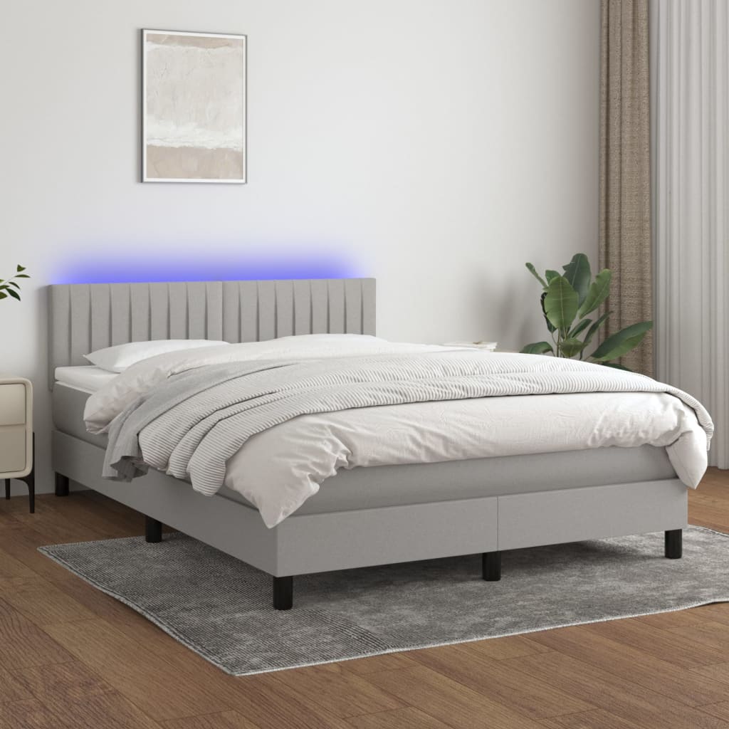 Cama box spring c/ colchão e LED 140x200 cm tecido cinza-claro