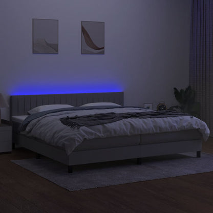 Cama box spring c/ colchão e LED 200x200 cm tecido cinza-claro