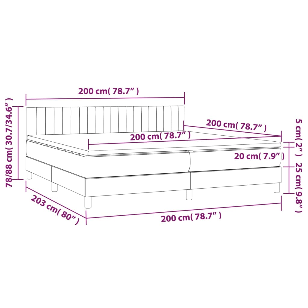 Cama box spring c/ colchão e LED 200x200 cm tecido cinza-claro