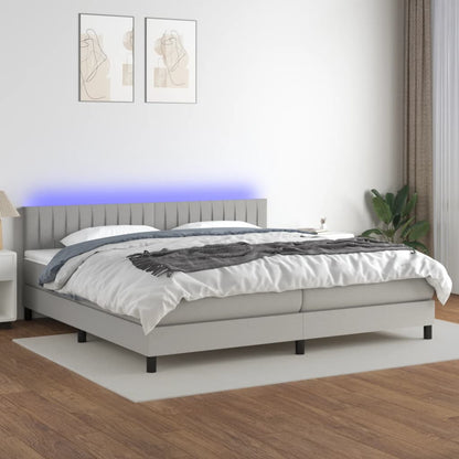 Cama box spring c/ colchão e LED 200x200 cm tecido cinza-claro