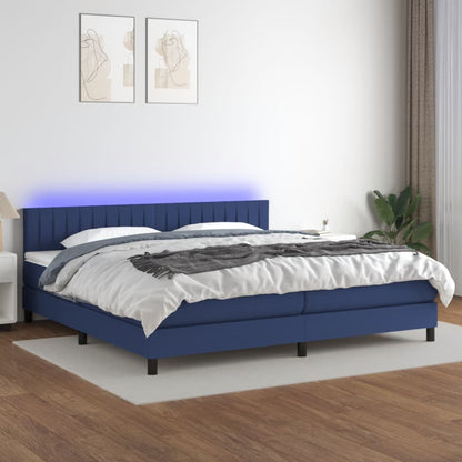 Cama box spring c/ colchão e LED 200x200 cm tecido azul