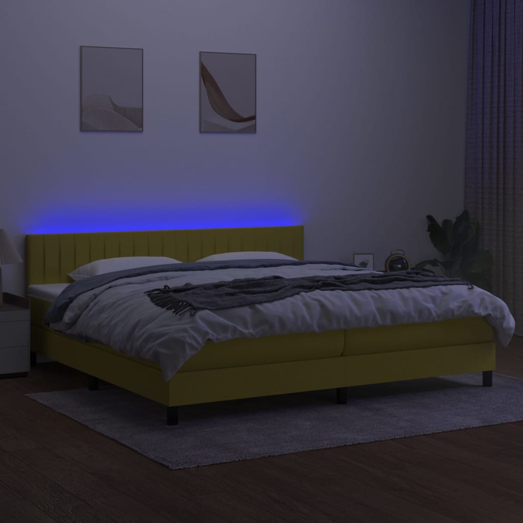 Cama box spring c/ colchão e LED 200x200 cm tecido verde