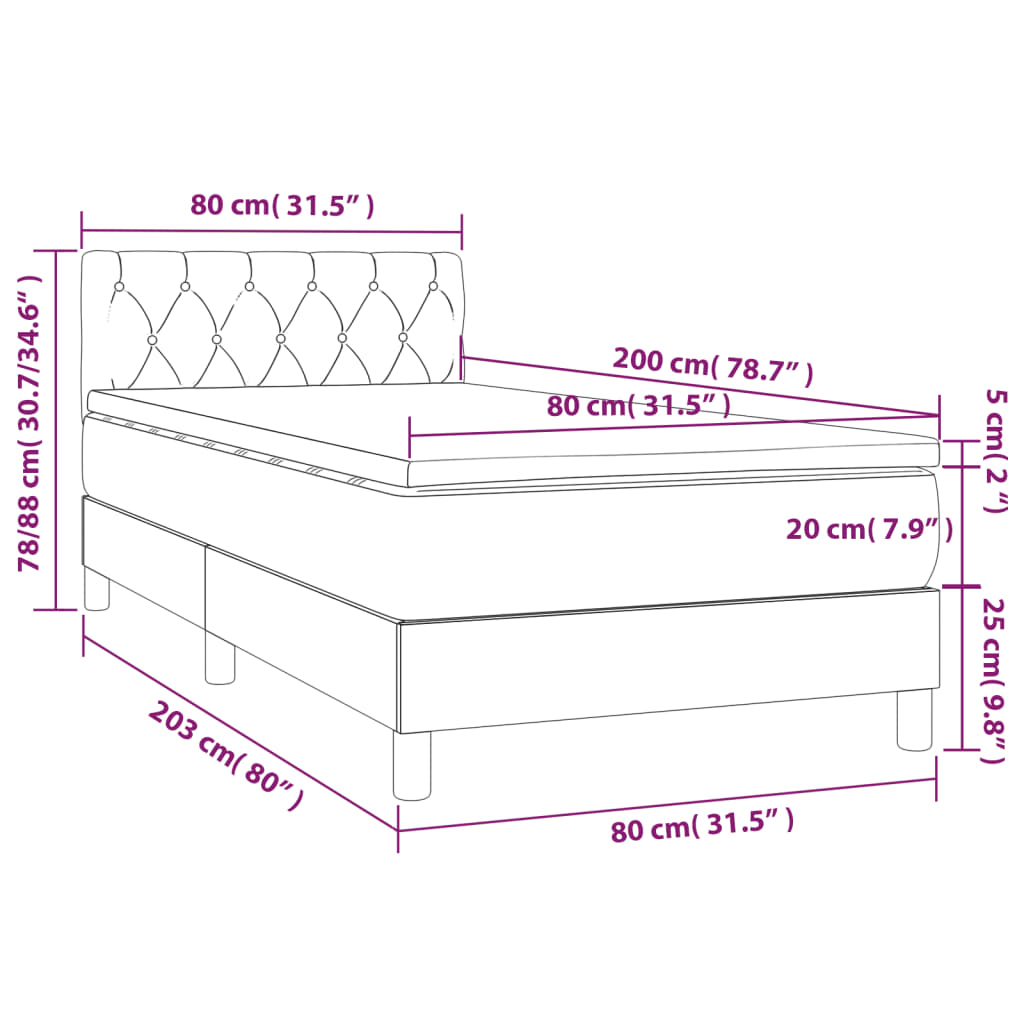 Cama box spring c/ colchão e LED 80x200 cm tecido cinza-escuro