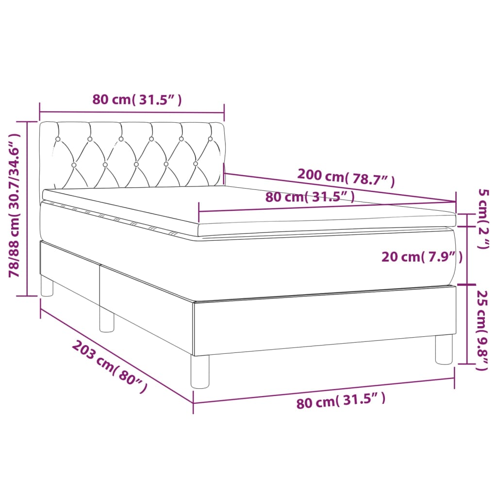 Cama box spring c/ colchão e LED 80x200 cm tecido preto