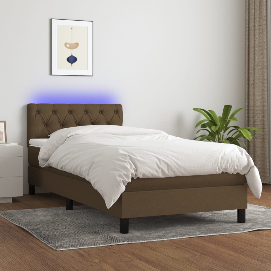 Cama box spring c/ colchão/LED 80x200cm tecido castanho-escuro