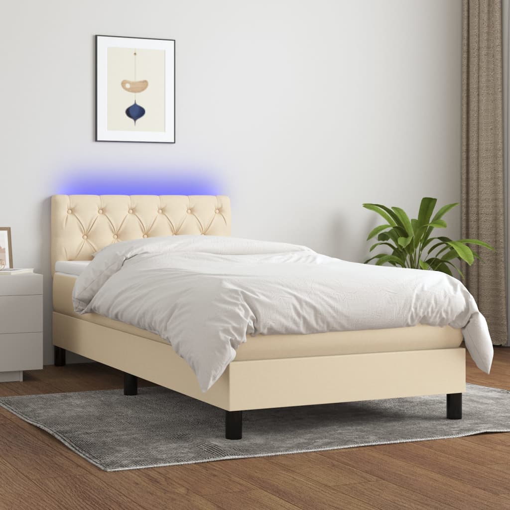 Cama box spring c/ colchão e LED 80x200 cm tecido cor creme