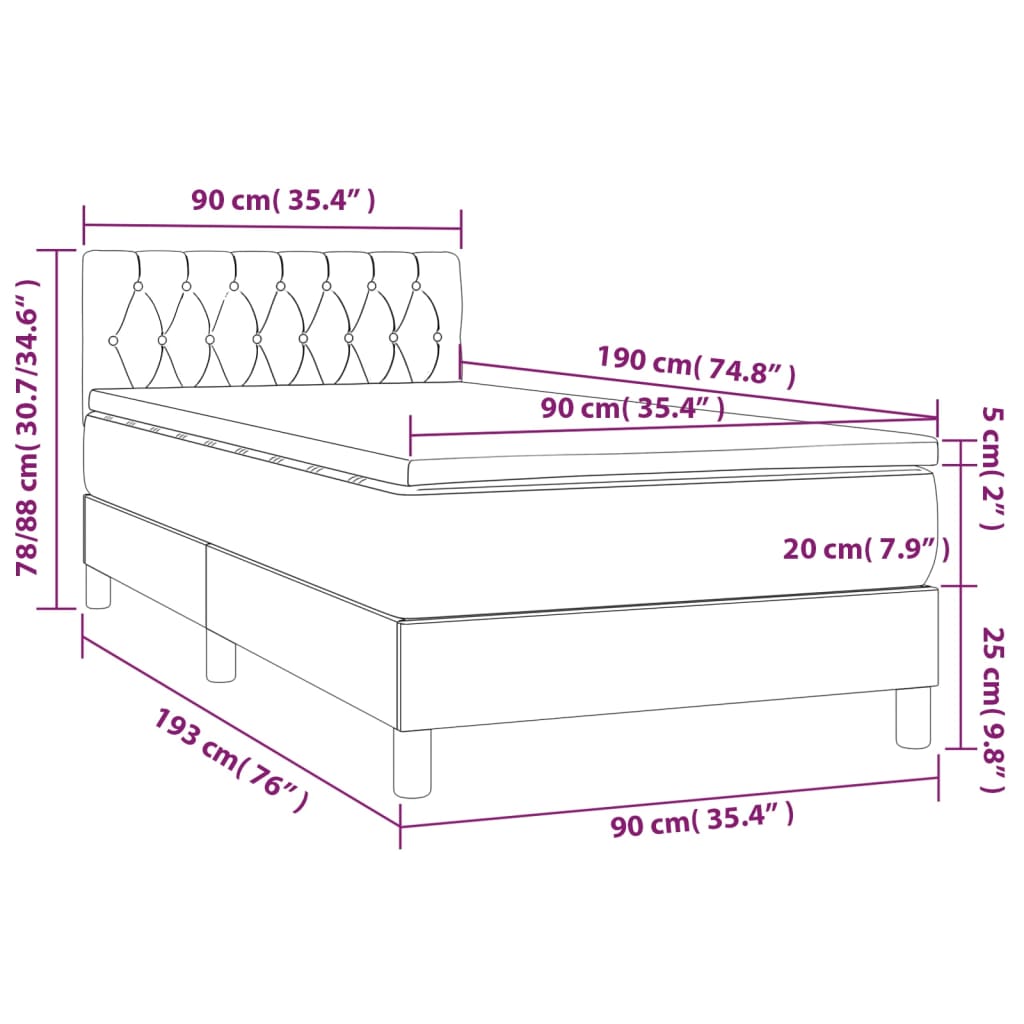 Cama box spring c/ colchão e LED 90x190 cm tecido cinza-claro