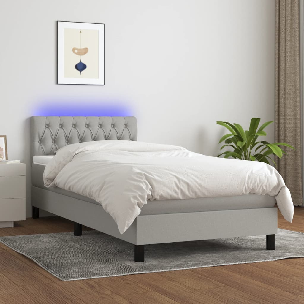 Cama box spring c/ colchão e LED 90x190 cm tecido cinza-claro