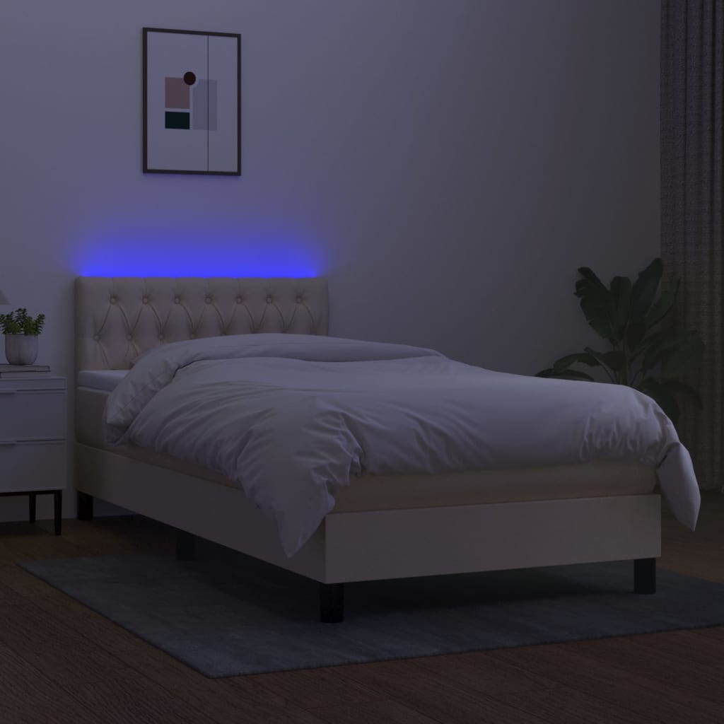 Cama box spring c/ colchão e LED 90x190 cm tecido cor creme