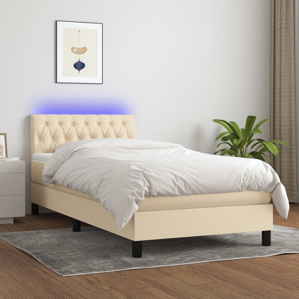 Cama box spring c/ colchão e LED 90x190 cm tecido cor creme