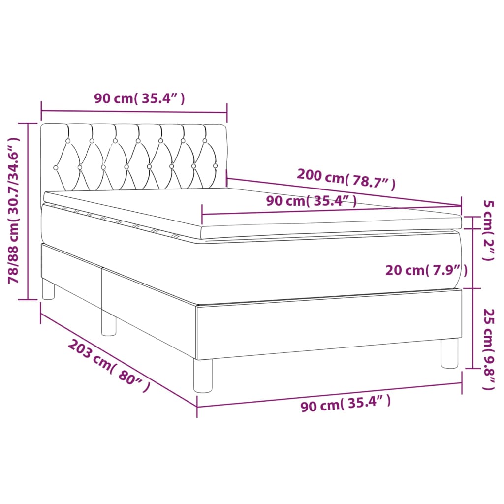 Cama box spring c/ colchão e LED 90x200 cm tecido cinza-claro