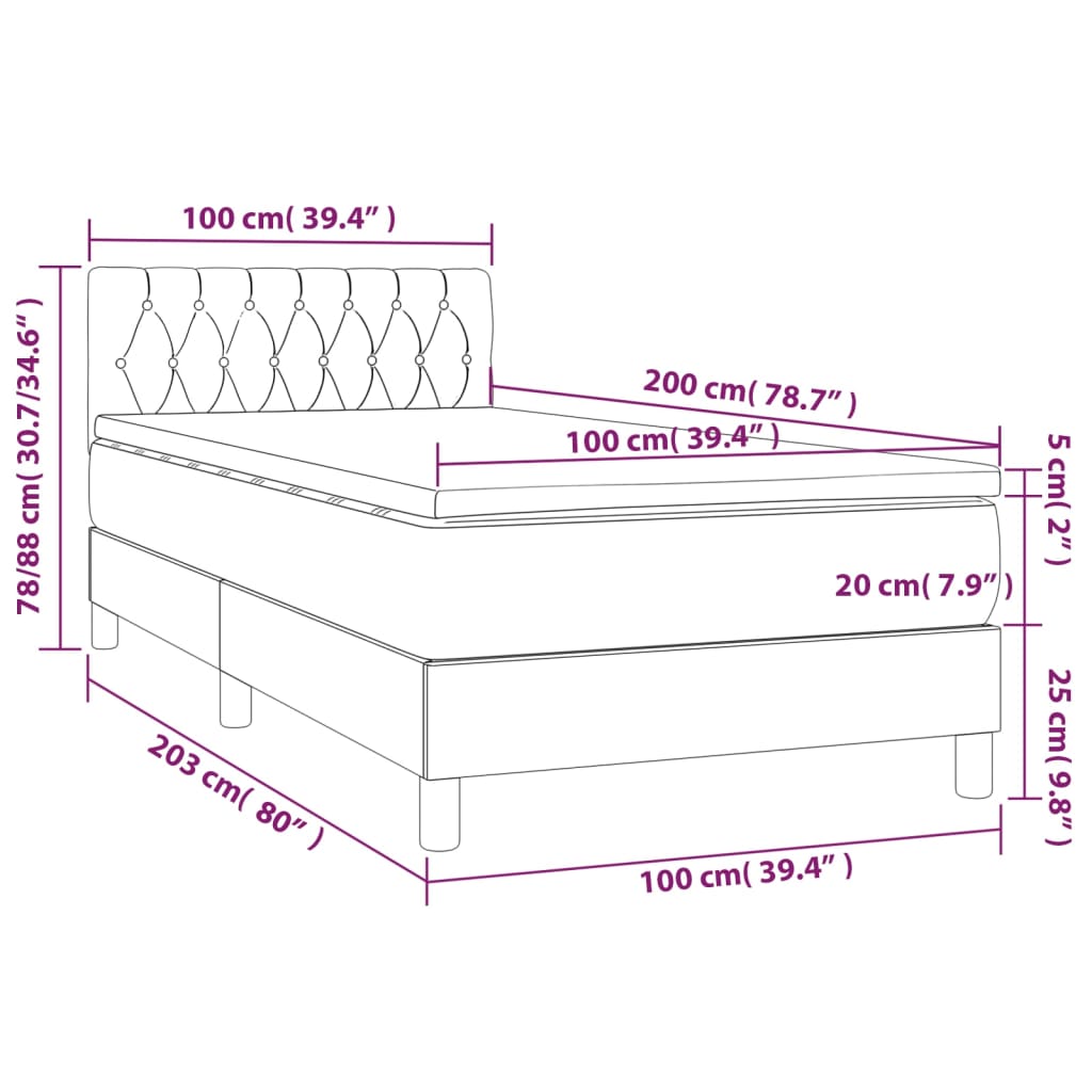 Cama box spring c/ colchão e LED 100x200 cm tecido cinza-escuro