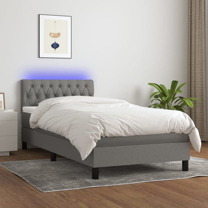 Cama box spring c/ colchão e LED 100x200 cm tecido cinza-escuro