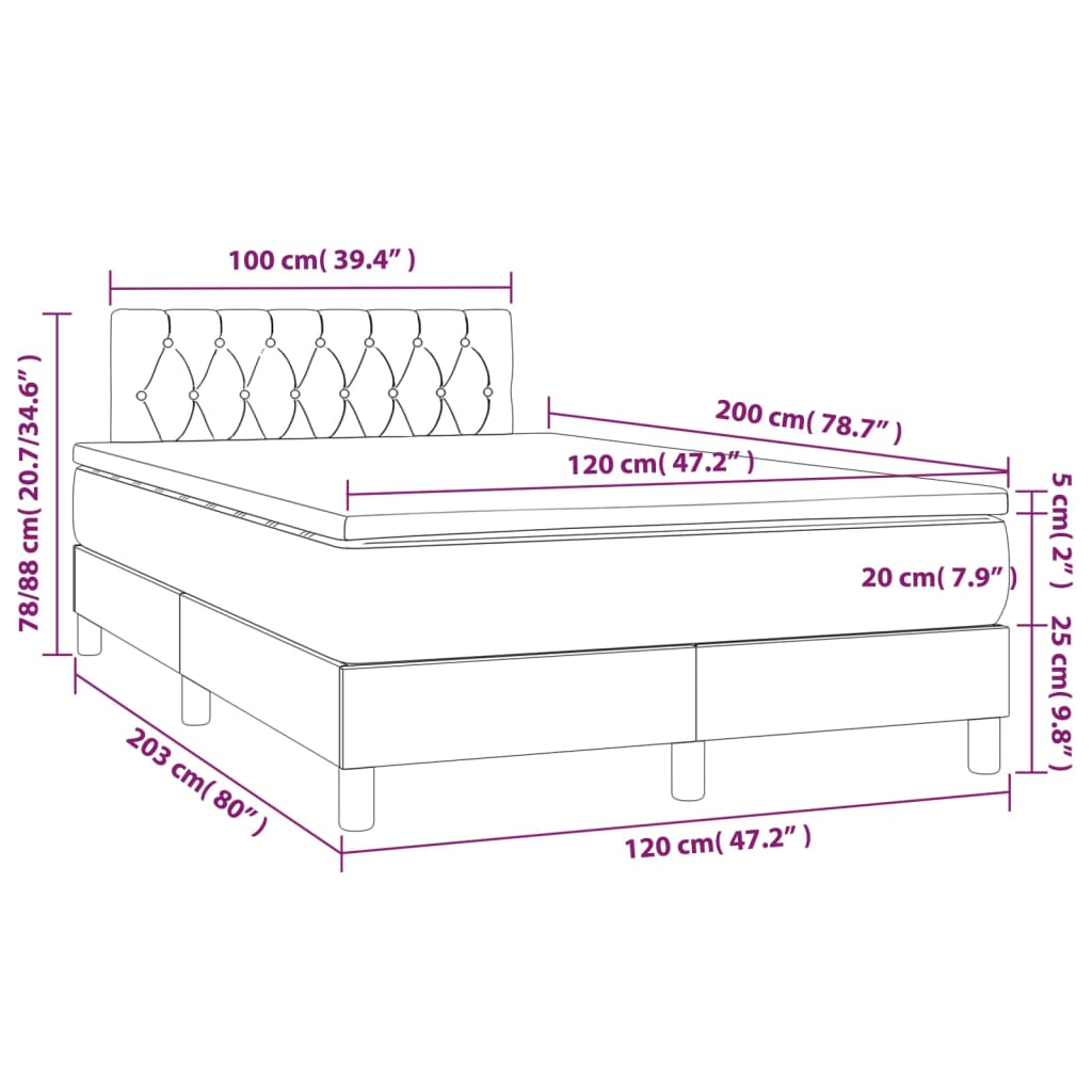 Cama box spring c/ colchão e LED 120x200 cm tecido cinza-escuro