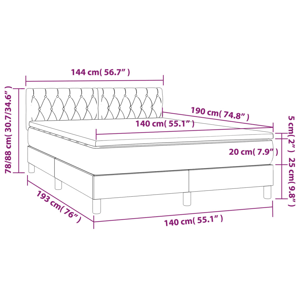 Cama box spring c/ colchão e LED 140x190 cm tecido cinza-escuro