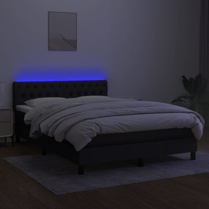 Cama box spring c/ colchão e LED 140x190 cm tecido preto