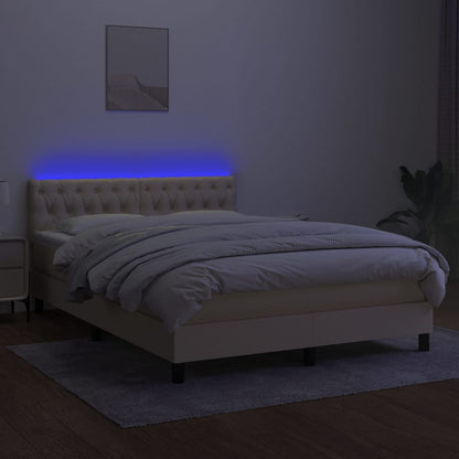 Cama box spring c/ colchão e LED 140x190 cm tecido cor creme