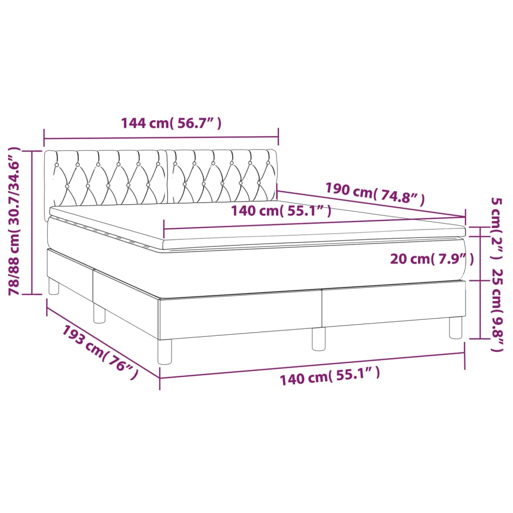 Cama box spring c/ colchão e LED 140x190 cm tecido cor creme