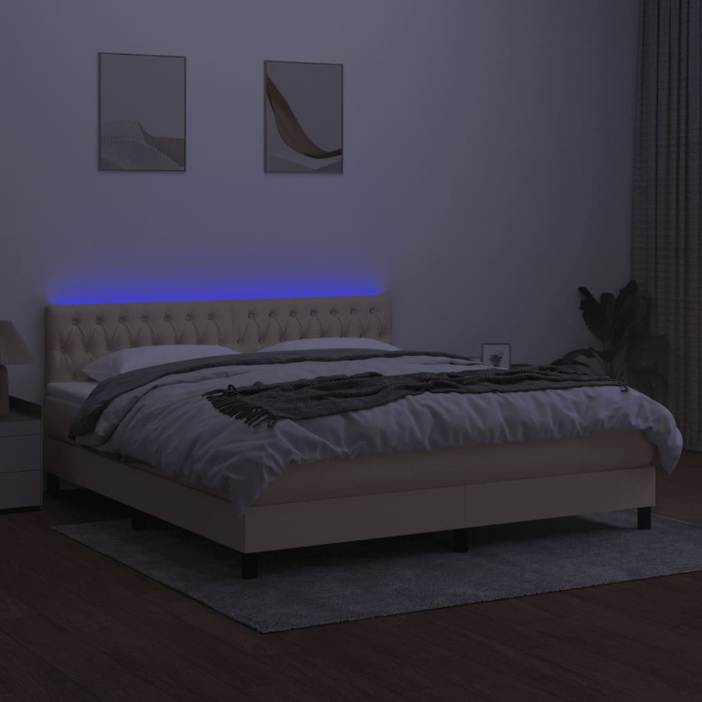 Cama box spring c/ colchão e LED 160x200 cm tecido cor creme