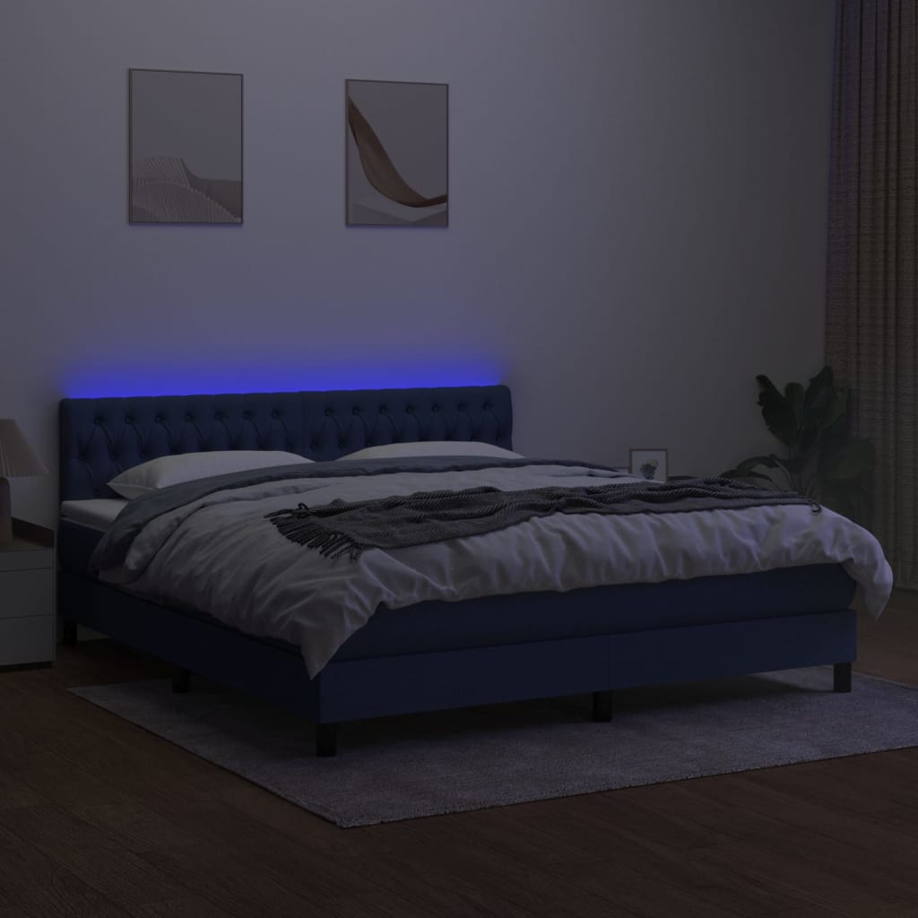 Cama box spring c/ colchão e LED 160x200 cm tecido azul