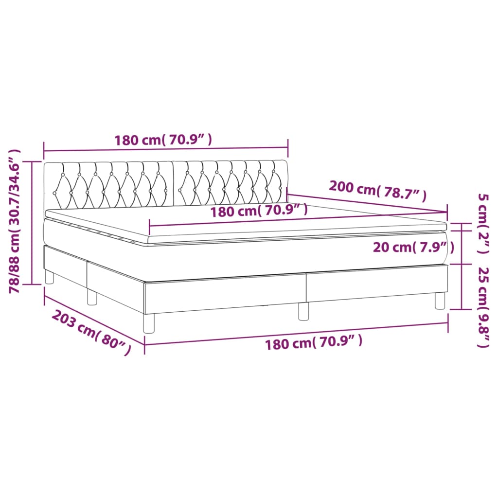 Cama box spring c/ colchão e LED 180x200 cm tecido cinza-claro