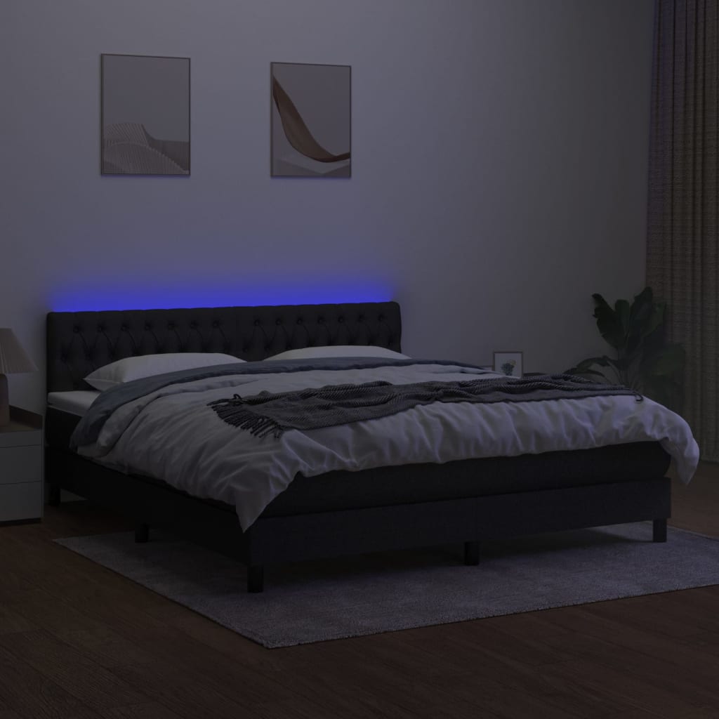 Cama box spring c/ colchão e LED 180x200 cm tecido preto