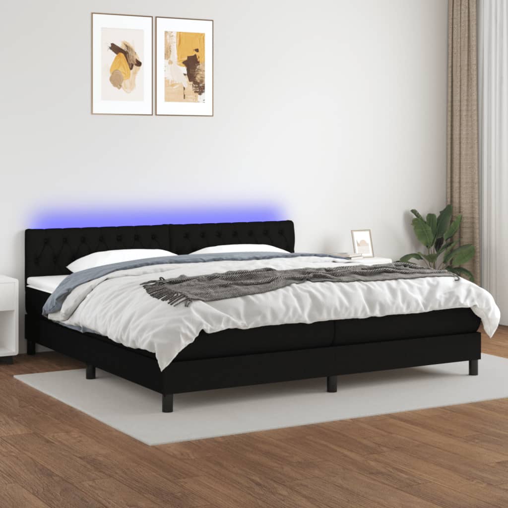 Cama box spring c/ colchão e LED 200x200 cm tecido preto