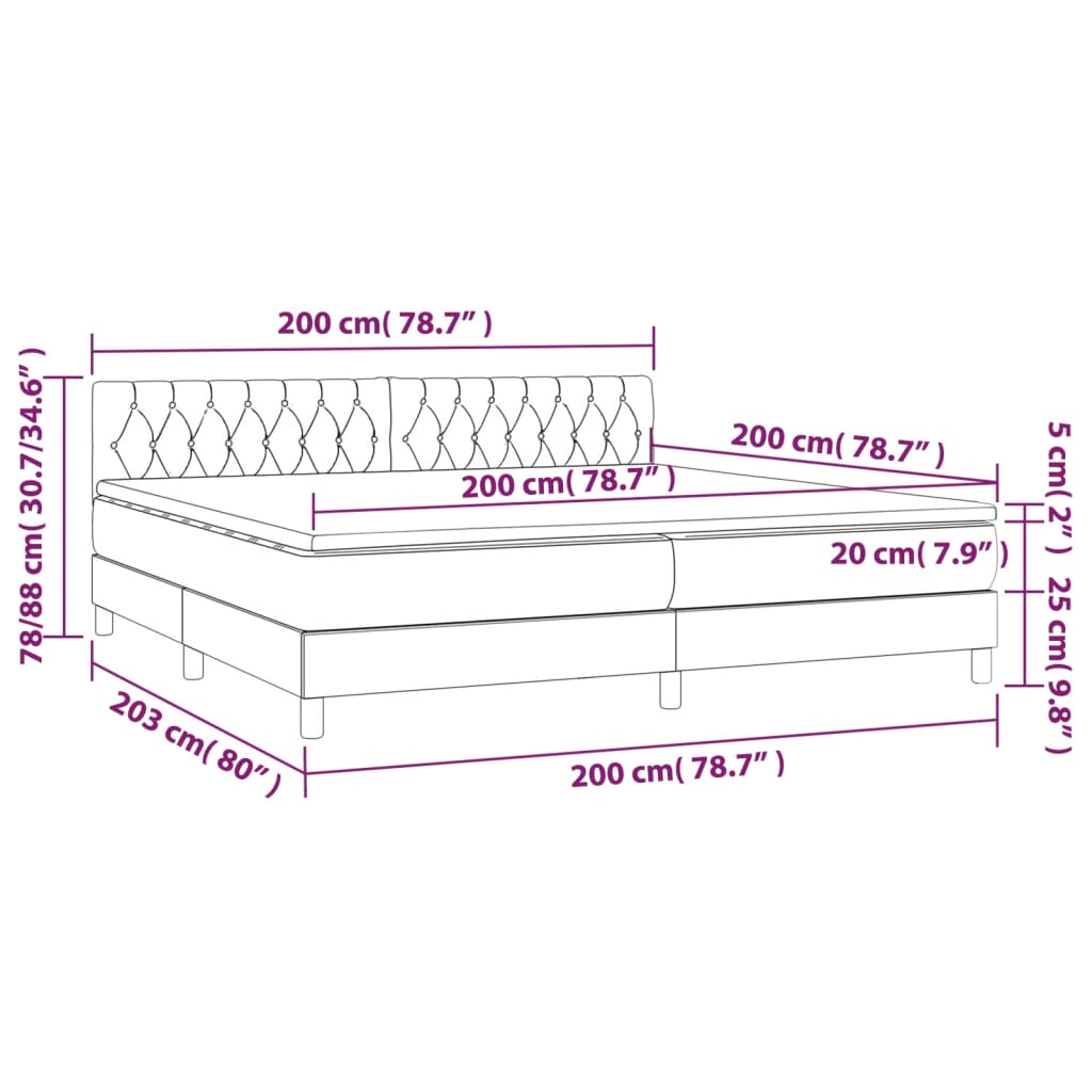 Cama box spring c/ colchão e LED 200x200 cm tecido cor creme