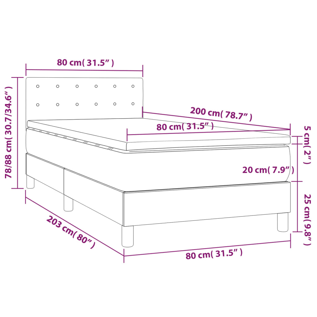 Cama box spring c/ colchão e LED 80x200 cm tecido cinza-escuro