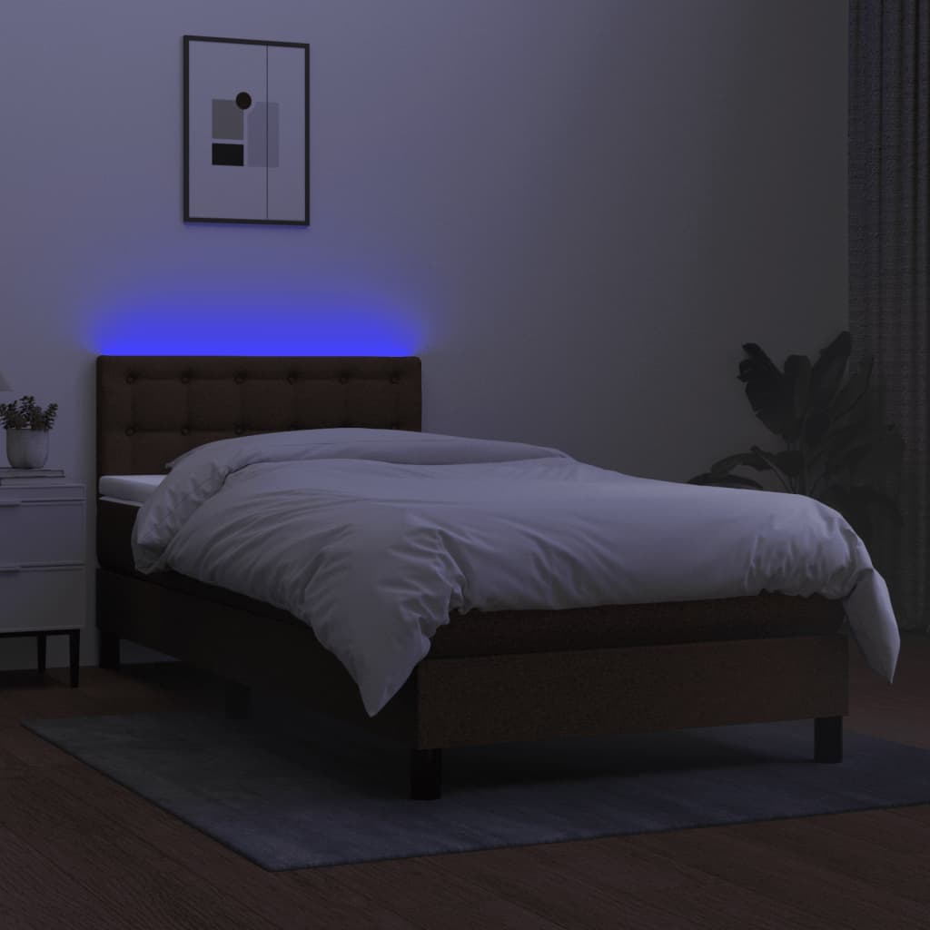 Cama box spring c/ colchão/LED 80x200cm tecido castanho-escuro