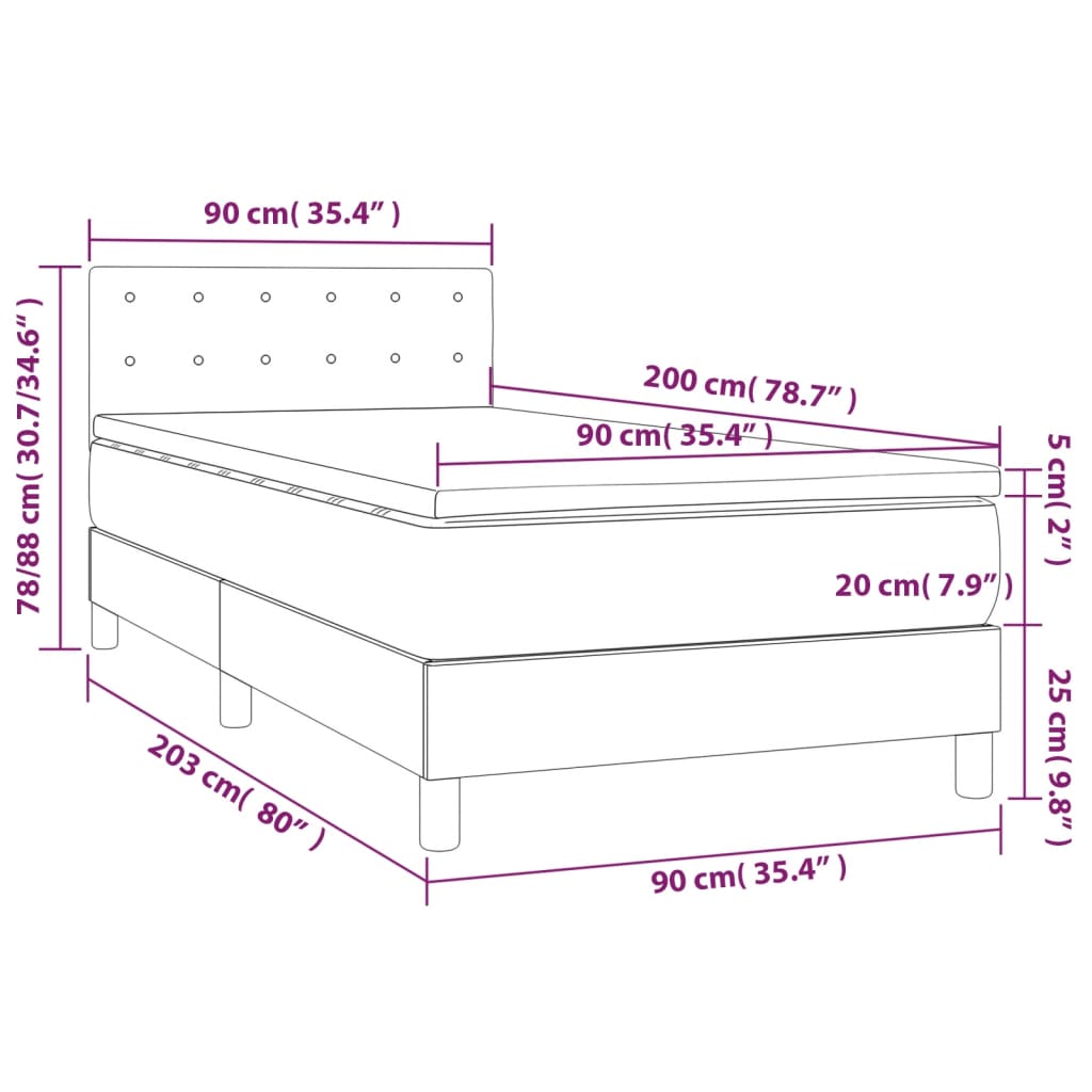 Cama box spring c/ colchão/LED 90x200 cm tecido castanho-escuro