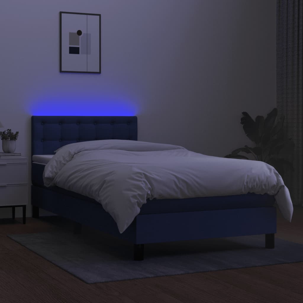 Cama box spring c/ colchão e LED 90x200 cm tecido azul