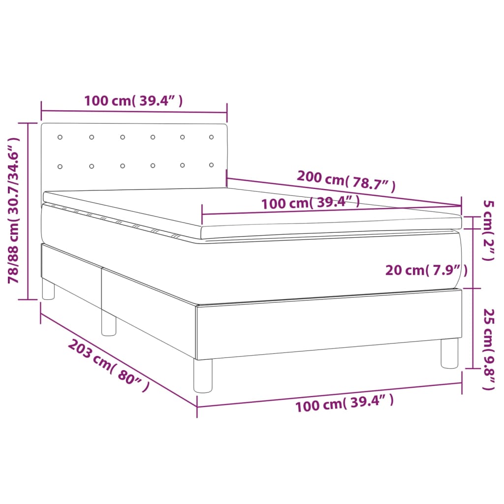 Cama box spring c/ colchão e LED 100x200 cm tecido cinza-escuro