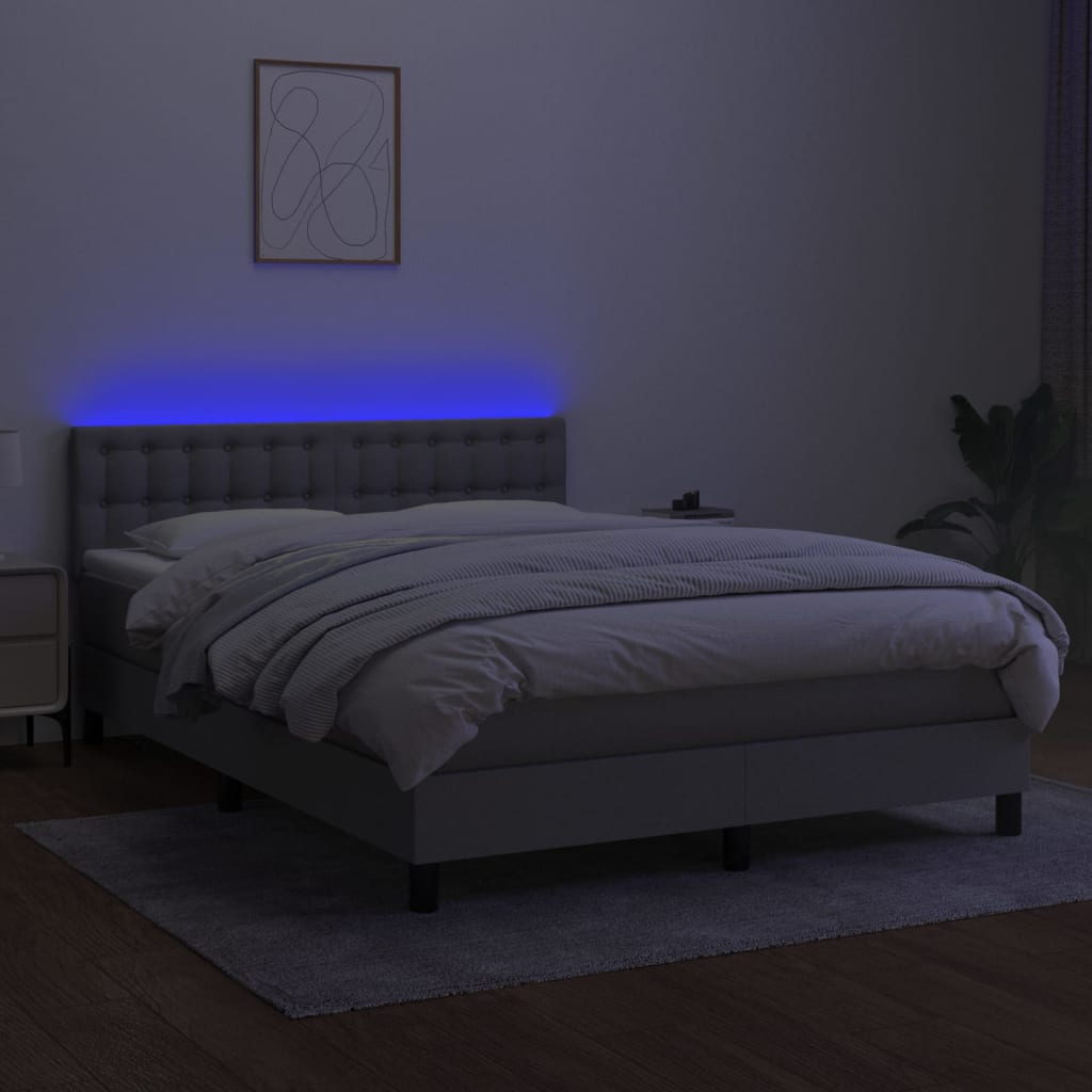 Cama box spring c/ colchão e LED 140x190 cm tecido cinza-claro