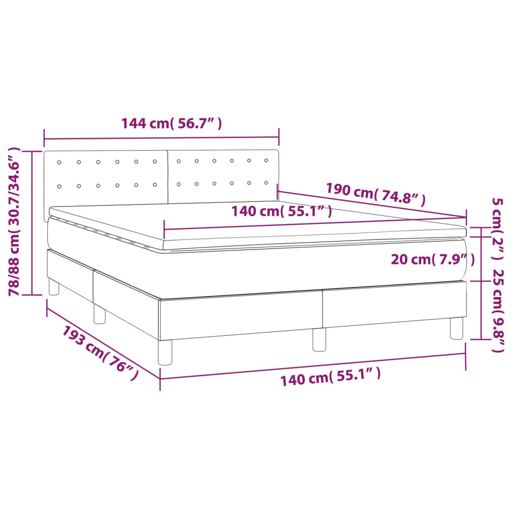 Cama box spring c/ colchão e LED 140x190 cm tecido cinza-escuro