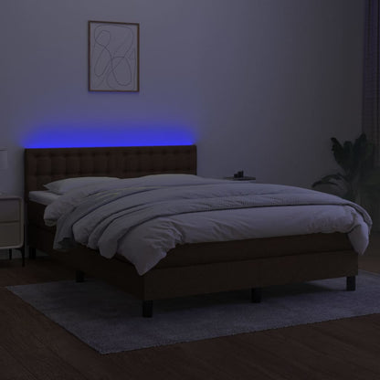 Cama box spring c/ colchão/LED 140x190cm tecido castanho-escuro