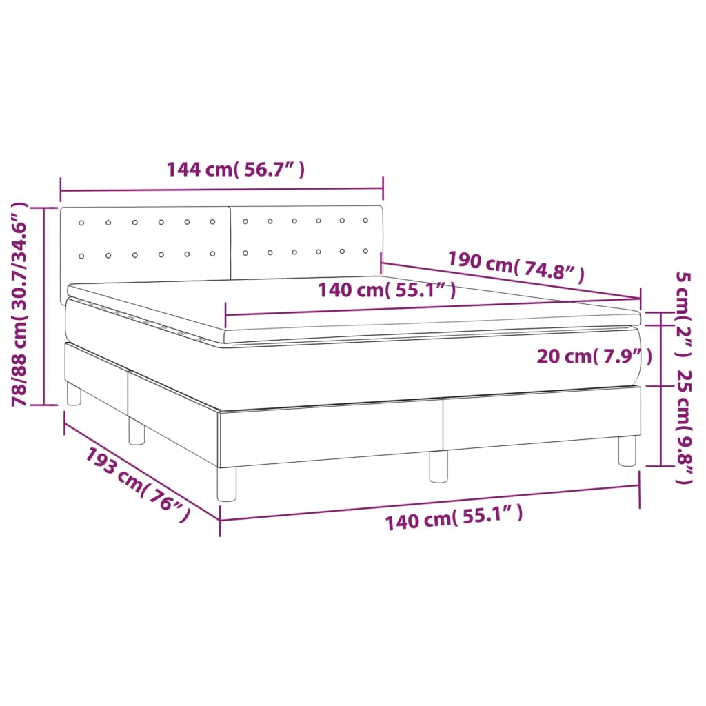 Cama box spring c/ colchão e LED 140x190 cm tecido cor creme