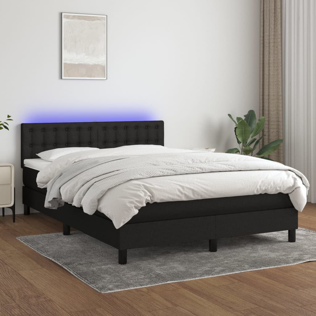 Cama box spring c/ colchão e LED 140x200 cm tecido preto