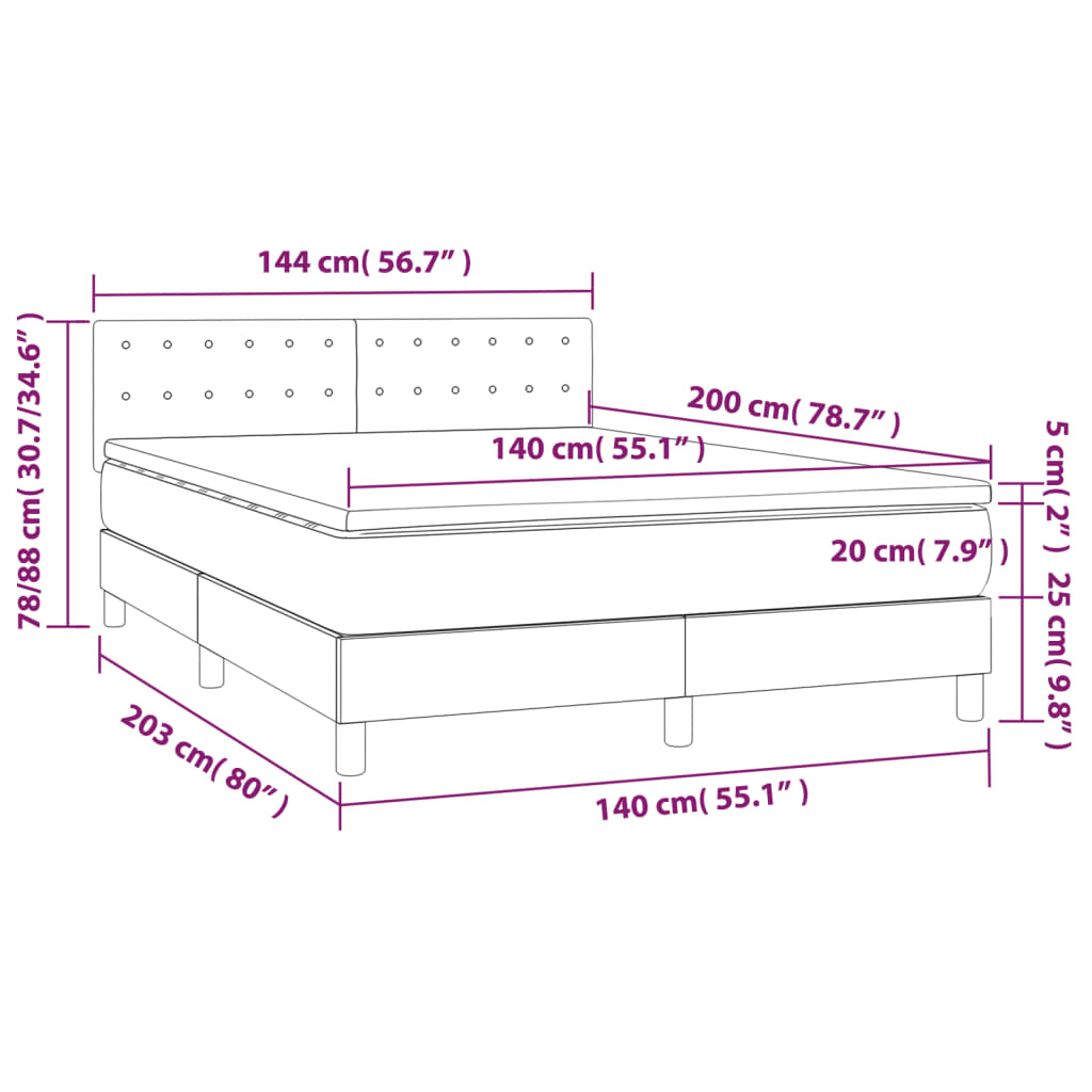 Cama box spring c/ colchão e LED 140x200 cm tecido cor creme