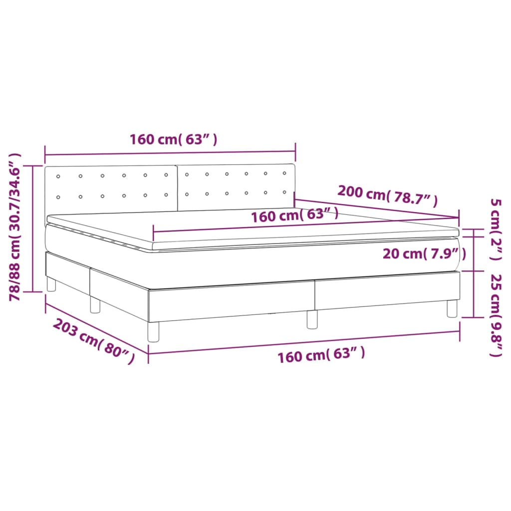 Cama box spring colchão/LED 160x200 cm tecido cinza-acastanhado