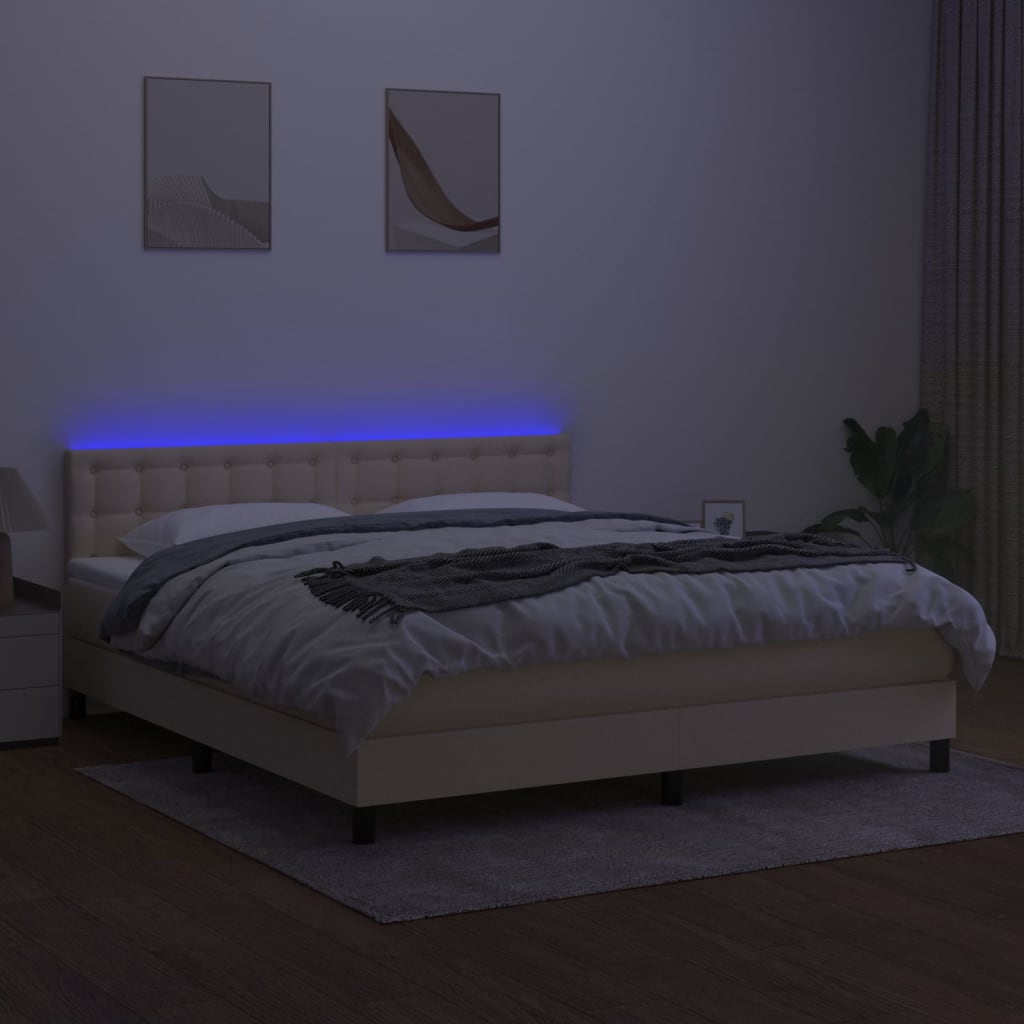 Cama box spring c/ colchão e LED 160x200 cm tecido cor creme