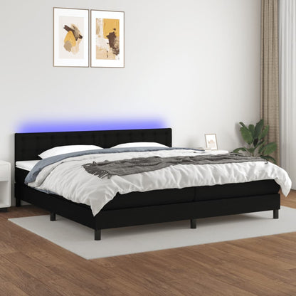 Cama box spring c/ colchão e LED 200x200 cm tecido preto