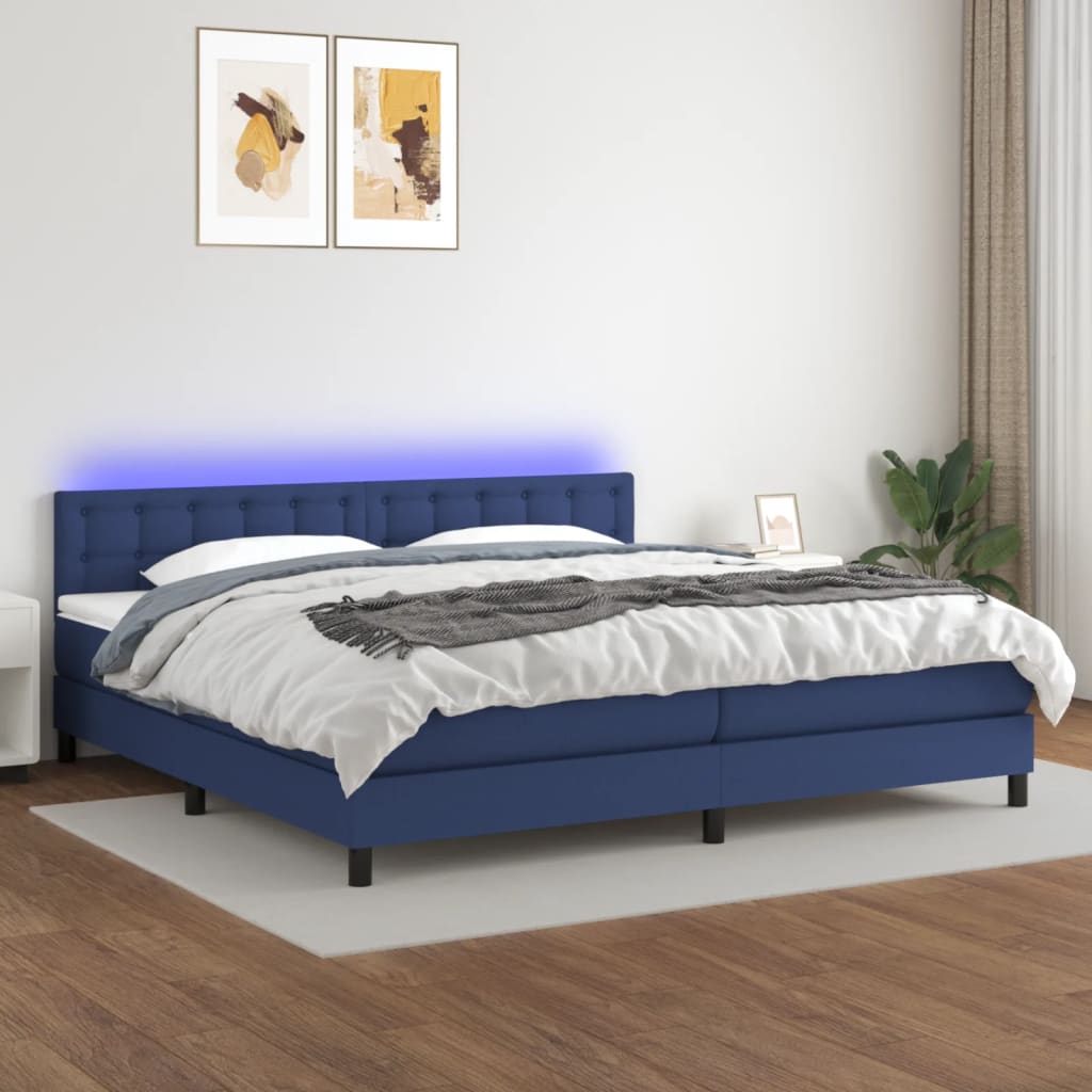 Cama box spring c/ colchão e LED 200x200 cm tecido azul