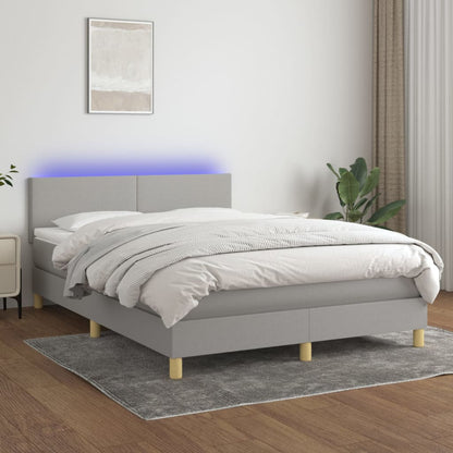 Cama box spring c/ colchão e LED 140x190 cm tecido cinza-claro