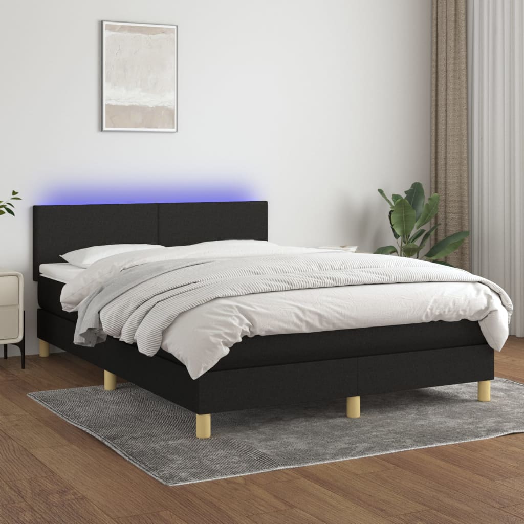 Cama box spring c/ colchão e LED 140x190 cm tecido preto