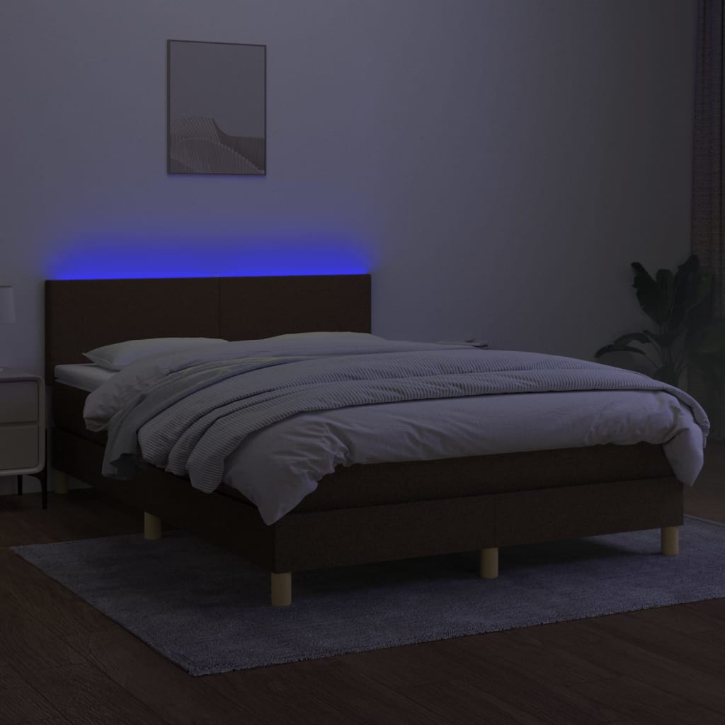 Cama box spring c/ colchão/LED 140x190cm tecido castanho-escuro