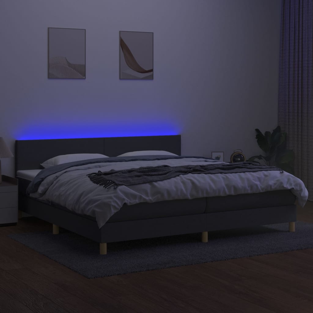 Cama box spring c/ colchão e LED 200x200 cm tecido cinza-escuro