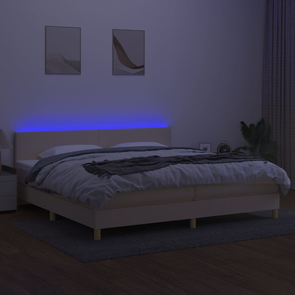 Cama box spring c/ colchão e LED 200x200 cm tecido cor creme